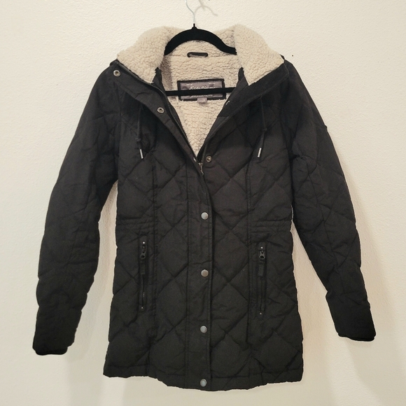 Eddie Bauer Jackets & Blazers - Eddie Bauer Down Quilted Parka Womens XS Black Sherpa Lined Hooded Cinch Waist